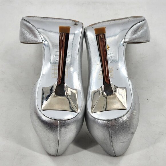 STUART WEITZMAN Anny X Heel 100 Pump Silver Leather Pointed Toe - Picture 9 of 11
